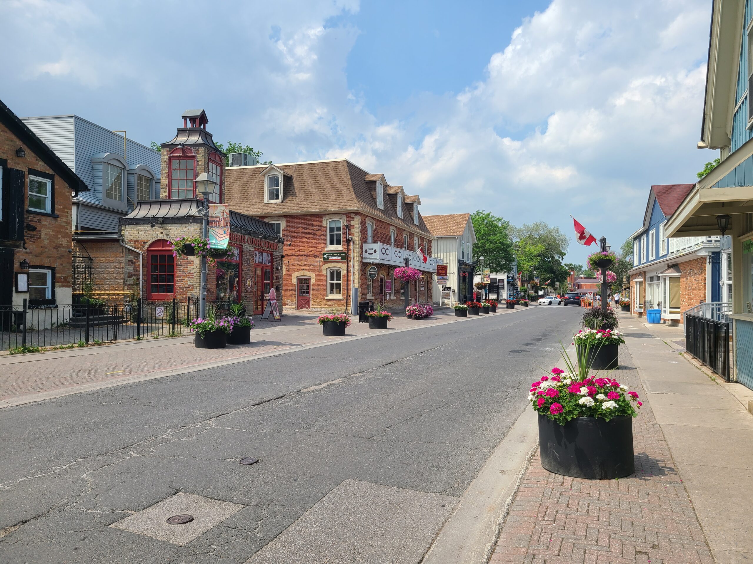 Beautiful Main Street Unionville with historic buildings and flowers lining the street
